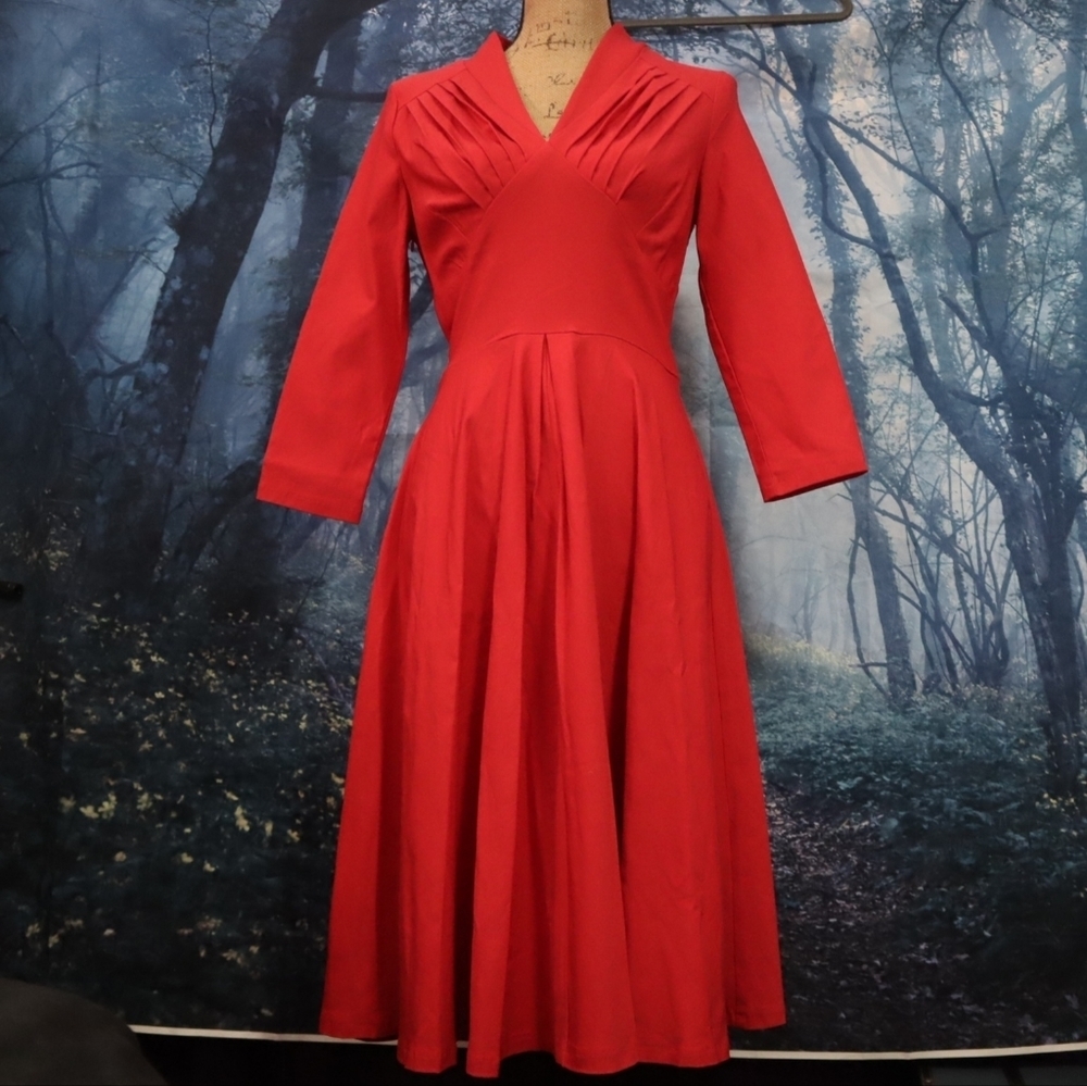 PIN UP DRESS M Red Retro Pin-up Rockabilly Long-sleeved V-neck Dance Matte 60s - Picture 1 of 14